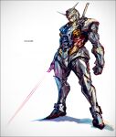  1boy artist_name beam_saber clenched_hand gundam helmet holding holding_sword holding_weapon humanization k-suwabe male_focus mobile_suit_gundam power_armor rx-78-2 science_fiction shadow solo sword v-fin weapon white_background yellow_eyes 