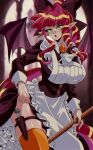  1990s_(style) 1girl :o apron ascot bat_wings black_bow black_dress bow breasts clothes_lift dress green_eyes hair_behind_ear hair_bow hair_intakes highres huge_bow knife large_breasts leaning_forward long_hair looking_at_viewer maid maid_apron nueko829 open_mouth original pink_hair pointy_ears ponytail retro_artstyle skindentation skirt skirt_lift solo thigh_strap very_long_hair white_apron white_ascot wings 