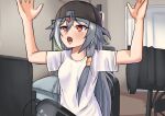  1girl :o bangs baseball_cap bedroom black_hair casual cr1tikal curtains fu_hua fu_hua_(herrscher_of_sentience) hat highres honkai_(series) honkai_impact_3rd indoors iog626 long_hair meme microphone open_mouth red_eyes shirt short_sleeves solo white_curtains white_shirt 