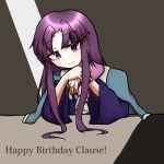  1other androgynous bangs blue_capelet blue_jacket capelet clause closed_mouth collared_shirt commentary_request english_text happy_birthday head_tilt highres jacket len&#039;en log_nokorimono long_hair long_sleeves necktie parted_bangs pink_shirt purple_eyes purple_hair shirt smile solo white_necktie 
