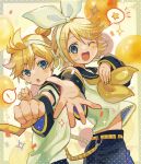  ! 1boy 1girl balloon bishounen bow brother_and_sister clenched_hand commentary cowboy_shot hair_between_eyes hair_bow headphones highres kagamine_len kagamine_rin looking_at_viewer microphone one_eye_closed open_mouth outstretched_arm reaching_out siblings side-by-side spoken_exclamation_mark spoken_object spoken_star star_(symbol) symbol-only_commentary umibatari vocaloid yellow_nails 