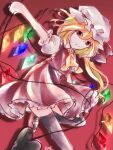 1girl ascot black_thighhighs blonde_hair closed_mouth flandre_scarlet foot_out_of_frame frilled_skirt frilled_sleeves frills hair_between_eyes hat highres leg_up long_hair looking_at_viewer mary_janes mmcha_0709 mob_cap multicolored_wings puffy_short_sleeves puffy_sleeves red_background red_eyes red_ribbon red_skirt red_vest ribbon ribbon-trimmed_headwear ribbon_trim shirt shoes short_sleeves side_ponytail simple_background skirt skirt_set smile solo standing standing_on_one_leg thighhighs touhou vest white_headwear white_shirt wings yellow_ascot 