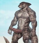  2021 animal_genitalia anthro beach biceps blue_eyes claws dorsal_fin erection fin fish frown genitals gills hi_res hybrid_genitalia kingsguard_vn looking_at_viewer male marine muscular muscular_anthro muscular_male navel outside pecs penis requiem_shark scar seaside shark slit solo standing stripes thebigslick tiger_shark vein veiny_muscles veiny_penis 
