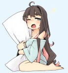  1girl bare_shoulders barefoot brown_hair highres holding holding_pillow kantai_collection kneeling light_blue_background long_hair macbail multicolored_hair naganami_(kancolle) one_eye_closed open_mouth pillow pink_hair simple_background solo thick_eyebrows very_long_hair yawning 