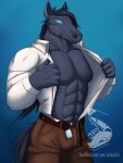  abs absurd_res anthro belt big_muscles biped black_hair blue_eyes bottomwear clothed clothing equid equine hair hi_res horse judasyfox long_hair male mammal muscular open_clothing open_shirt open_topwear pants pecs shaded shirt simple_background solo topwear 