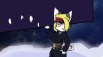  anthro asian_clothing blonde_hair cat_tail clothing domestic_cat east_asian_clothing felid felin feline feline_ears felis female hair hi_res japanese_clothing mammal meowers night smug smug_face snow solo white_body yellow_eyes yukata 