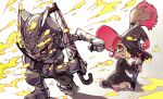  1boy 1girl armor black_dress black_footwear black_headwear boots breastplate closed_umbrella clothes_pin d: dress gauntlets gradient gradient_background greaves hat helmet holding holding_umbrella inari1369 inkbrush_(splatoon) long_hair long_sleeves octarian octoling octoling_boy octoling_girl open_mouth paint protecting red_eyes red_hair shadow sitting splatoon_(series) splatoon_2 tears tentacle_hair torn_clothes torn_hat umbrella undercover_brella_(splatoon) white_umbrella witch_hat 