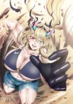  1girl abs absurdres blonde_hair breasts denim denim_shorts fairy_knight_gawain_(fate) fate/grand_order fate_(series) green_eyes h_null heterochromia highres large_breasts long_hair muscular muscular_female open_mouth red_eyes shorts 