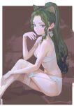  1girl animal_ears blue_eyes bra breasts closed_mouth extra_ears fkey garter_straps gloves green_hair highres long_hair looking_at_viewer medium_breasts original ponytail sidelocks solo thighhighs underwear underwear_only white_bra white_gloves white_thighhighs 