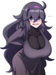  ... 1girl @_@ alternate_breast_size arms_behind_back bangs black_hair black_sweater blush breasts commentary_request cowlick dress feet_out_of_frame grey_background hair_between_eyes hairband hanging_breasts hex_maniac_(pokemon) highres huge_breasts kurorettsu long_dress long_hair long_sleeves looking_at_viewer messy_hair open_mouth pokemon pokemon_(game) pokemon_xy purple_dress purple_eyes purple_hairband ribbed_sweater shiny shiny_hair simple_background smile solo sweater turtleneck turtleneck_sweater very_long_hair 
