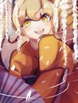  1girl :d bangs blonde_hair danganronpa_(series) danganronpa_2:_goodbye_despair hair_ornament hand_fan highres japanese_clothes kata_tsumurou kimono long_hair long_sleeves looking_at_viewer orange_eyes orange_kimono petals saionji_hiyoko smile solo teeth twintails upper_teeth 