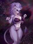  anthro belladonna_(trials_of_mana) belly big_breasts big_butt bikini bikini_pull bikini_thong black_clothing breasts butt carduelis cleavage clothed clothing clothing_pull cosmic_background felid feline female fur fur_pattern hair hi_res jewelry long_hair looking_at_viewer mammal necklace orange_eyes pupils purple_body purple_fur red_sclera signature solo space star starry_background swimwear swimwear_pull tail_tuft tongue tongue_out trials_of_mana tuft white_belly wide_hips 