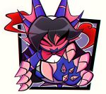  anthro black_hair bow_tie breaking_the_fourth_wall breasts claws cleavage clothed clothing empty_eyes eternatus female generation_8_pokemon hair legendary_pokemon long_hair multicolored_body nelljoestar nintendo pokemon pokemon_(species) reaching_towards_viewer red_claws red_eyes solo video_games 