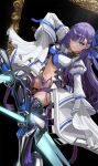  1girl absurdres armored_boots blue_eyes blue_ribbon boots crotch_plate fate/extra fate/extra_ccc fate/grand_order fate_(series) highres long_hair long_sleeves looking_at_viewer meltryllis_(fate) navel prosthesis prosthetic_leg purple_hair ribbon sleeves_past_fingers sleeves_past_wrists smile solo yue_zheng_zhi_yu 