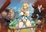  1girl :o alternate_breast_size blonde_hair blush breasts day fingerless_gloves gameplay_mechanics genshin_impact gloves health_bar highres hilichurl_(genshin_impact) horns huge_breasts lumine_(genshin_impact) melon22 orange_eyes outdoors short_hair_with_long_locks thighhighs torn_clothes vambraces white_thighhighs 