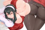  1girl ass black_hair breasts curvy earrings headband jewelry large_breasts looking_at_viewer lying panties pantyhose pillow red_eyes smile solo spy_x_family sweater thick_thighs thighs thong underwear wes yor_briar 