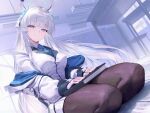  blue_archive book gesoking grey_eyes halo highres jacket looking_at_viewer necktie noa_(blue_archive) pantyhose smile solo thighs white_hair 