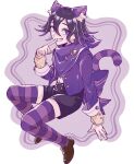  1boy animal_ear_fluff animal_ears bangs black_shorts blush bow cat_ears cat_tail danganronpa_(series) danganronpa_v3:_killing_harmony fake_animal_ears finger_to_mouth flipped_hair gem grey_background grin hair_between_eyes hair_bow halloween_costume highres index_finger_raised jacket long_sleeves male_focus medium_hair ouma_kokichi pink_bow pink_jacket pink_scarf pink_thighhighs pun_suke purple_eyes scarf shiny shiny_hair shirt shirt_tucked_in shorts smile striped striped_thighhighs tail teeth thighhighs two-tone_thighhighs white_background white_shirt 