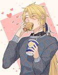  1boy ^_^ absurdres aglovale_(granblue_fantasy) bacon black_shirt blonde_hair blush burger closed_eyes collared_shirt contemporary cup curtained_hair disposable_cup drinking_straw eating food granblue_fantasy grey_sweater hair_ribbon happy heart highres holding holding_cup holding_food long_hair low_ponytail male_focus outline patterned_clothing pink_background ribbon shirt solo sweater tokikane_mikan two-tone_background upper_body white_background white_outline 