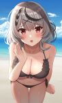  1girl :d absurdres arm_at_side bare_arms bare_shoulders beach bikini black_bikini black_hair blush braid breasts cleavage cowboy_shot day duplicate fang frilled_bikini frills front-tie_bikini_top front-tie_top grey_hair hair_ornament halterneck hand_up highres hisui_(user_zvkr2432) hololive large_breasts looking_at_viewer multicolored_hair ocean outdoors parted_lips pixel-perfect_duplicate red_eyes sakamata_chloe short_hair side-tie_bikini_bottom smile solo streaked_hair sunlight swimsuit thigh_gap thighs virtual_youtuber water wet x_hair_ornament 