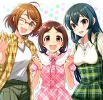  3girls absurdres ahoge blue_hair bow bracelet brown_hair dress glasses green_eyes hair_bow highres idolmaster idolmaster_cinderella_girls jewelry looking_at_viewer multiple_girls muramatsu_sakura necklace new_wave_(idolmaster) ohishi_izumi pink_eyes plaid polo_shirt popon_ta ribbon short_twintails smile tsuchiya_ako twintails 