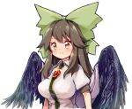  1girl alternate_eye_color bangs bird_wings black_wings blush bow breasts brown_hair cape closed_mouth collared_shirt commentary_request expressionless frilled_shirt_collar frills green_bow hair_bow highres large_breasts long_hair looking_at_viewer reiuji_utsuho ringed_eyes shirt short_sleeves simple_background solo split_mouth tatuhiro third_eye touhou upper_body white_background white_cape white_shirt wings yellow_eyes 