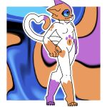  &lt;3 anthro blue_eyes blue_sclera breasts cally_(theenyface) claws dipstick_tail domestic_cat felid feline felis female footprint fur long_tail mammal markings orange_body orange_fur pawprint pawprint_marking pose purple_body purple_fur small_breasts solo standing tail_markings theenyface white_body 