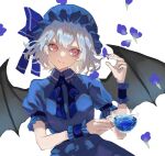  1girl alternate_color bat_wings black_wings blue_flower blue_hair blue_headwear blue_ribbon blue_shirt blue_skirt blue_theme collared_shirt commentary_request cup expressionless flower frilled_shirt_collar frills hat holding holding_cup mob_cap nanasuou neck_ribbon puffy_short_sleeves puffy_sleeves red_eyes remilia_scarlet ribbon shirt short_hair short_sleeves simple_background skirt solo touhou upper_body white_shirt wing_collar wings 