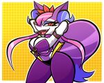  anthro armwear belly_dancer big_breasts braixen breasts cleavage clothed clothing female fluffy_ears fur generation_6_pokemon hair hands_behind_head long_tail looking_at_viewer nelljoestar nintendo pink_hair pokemon pokemon_(species) purple_clothing red_eyes smile solo thick_thighs video_games white_body white_fur wide_hips 
