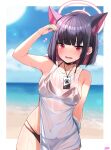  1girl absurdres animal_ears arm_up artist_name bare_shoulders bikini black_hair blue_archive blurry blurry_background blush breasts cat_ears collar colored_inner_hair cowboy_shot extra_ears fang halo heart highres horizon kazusa_(blue_archive) kkato looking_at_viewer medium_breasts medium_hair multi-strapped_bikini multicolored_hair ocean open_mouth outdoors raised_eyebrows red_eyes see-through see-through_shirt shading_eyes shirt sidelocks skin_fang skindentation solo sun swimsuit tank_top water wet white_shirt 