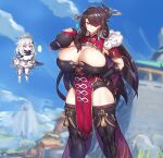  ... 2girls absurdres alternate_breast_size beidou_(genshin_impact) black_hair black_thighhighs blue_sky blurry blurry_background breasts cleavage day earrings eyepatch floating folded_ponytail genshin_impact gourd grey_hair hair_ornament hair_stick halo hand_on_hip highres holding_gourd huge_breasts jewelry long_hair long_sleeves looking_at_viewer melon22 multiple_girls muscular muscular_female open_mouth outdoors paimon_(genshin_impact) pelvic_curtain purple_eyes red_eyes sky spoken_ellipsis thighhighs 