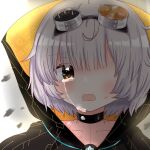  1girl bad_id bad_twitter_id bangs binary black_choker black_cloak blunt_bangs blush chest_tattoo choker circuit_board cloak cowlick crying crying_with_eyes_open dot_nose goggles goggles_on_head grey_background grey_hair highres image_sample injury looking_at_viewer magia_record:_mahou_shoujo_madoka_magica_gaiden magical_girl mahou_shoujo_madoka_magica marimo_mdmg miwa_mitsune one-eyed open_mouth orange_cloak orange_eyes portrait short_hair simple_background solo tattoo tears twitter_sample two-sided_cloak two-sided_fabric two-tone_cloak 