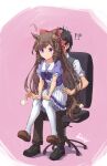  !? 1boy 1girl animal_ears bow brown_hair daiichi_ruby_(umamusume) full_body hair_bow hair_ornament highres horse_ears horse_girl horse_tail long_hair sakimiya_(inschool) school_uniform simple_background sitting sitting_on_lap sitting_on_person tail thighhighs tracen_school_uniform trainer_(umamusume) umamusume 