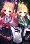  2girls :d absurdres animal_ear_headphones animal_ears bangs black_shorts black_skirt black_thighhighs blonde_hair blue_archive blue_necktie blush closed_mouth collared_shirt commentary_request english_text fake_animal_ears green_eyes highres jacket long_sleeves looking_at_viewer midori_(blue_archive) momoi_(blue_archive) multiple_girls necktie open_clothes open_jacket parted_bangs rai_(sakuranbo_sugar) red_eyes shirt short_shorts shorts siblings sisters skirt smile thighhighs twins v white_jacket white_shirt wide_sleeves 