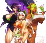  3girls :o ahoge bikini breasts cowboy_shot dark-skinned_female dark_skin dated eyes_visible_through_hair food green_hair grey_hair hair_over_one_eye highres hood horns huge_breasts ice_cream ice_cream_float long_hair looking_at_viewer melon22 multicolored_hair multiple_girls muscular muscular_female navel one-piece_swimsuit orange_bikini orange_eyes orange_hair original plate purple_eyes purple_hair swimsuit two-tone_hair umbrella white_background 