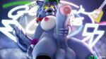  2022 3d_(artwork) absurd_res animatronic anthro balls big_breasts breasts canid canine canis dialogue digital_media_(artwork) doctor_artemis ear_piercing ear_ring english_text five_nights_at_freddy&#039;s five_nights_at_freddy&#039;s:_security_breach genitals gynomorph hi_res intersex looking_at_viewer machine mammal nipples penis piercing ring_piercing robot roxanne_wolf_(fnaf) scottgames sharp_teeth solo teeth text video_games wolf 
