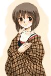  1girl black_eyes brown_hair kanon looking_at_viewer misaka_shiori plaid plaid_scarf scarf short_hair simple_background solo white_background yukihashi 