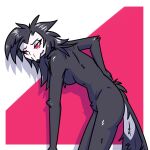  anthro avian bent_over bird black_body black_feathers breasts demon feathers female helluva_boss hi_res looking_back nude octavia_(helluva_boss) owl owl_demon ryofox630 simple_background solo standing tail_feathers thick_thighs tired 