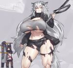  1other 2girls alternate_breast_size animal_ears arknights breasts brown_eyes doctor_(arknights) grey_background grey_hair grin holding holding_sword holding_weapon huge_breasts lappland_(arknights) long_hair long_sleeves melon22 multiple_girls muscular muscular_female scar scar_across_eye sharp_teeth shorts smile stab strapless sword teeth texas_(arknights) thick_thighs thighs torn_clothes torn_shorts torn_tube_top tube_top weapon wolf_ears wolf_girl 