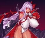  1girl :o alternate_breast_size bb_(swimsuit_mooncancer)_(third_ascension)_(fate) bow breasts coat cowboy_shot dark-skinned_female dark_skin fate/grand_order fate_(series) gloves hair_bow huge_breasts leotard long_hair long_sleeves looking_at_viewer melon22 purple_background purple_hair red_eyes solo thick_thighs thighs white_gloves white_leotard 