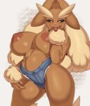  anthro anthrofied areola big_breasts black_sclera bottomwear breasts brown_body brown_fur cervina7_(artist) clothed clothing cunnilingus_gesture curvy_figure cutoffs daisy_dukes denim denim_clothing edit female fingers fur generation_4_pokemon gesture hi_res hotpants huge_breasts jeans lagomorph looking_at_viewer lopunny mammal navel nintendo nipples pants pokemon pokemon_(species) pokemorph shorts skimpy solo standing suggestive suggestive_gesture thick_thighs tongue tongue_out video_games voluptuous wide_hips yellow_eyes 