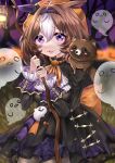  1girl :3 absurdres ahoge animal_ears animal_on_shoulder back_bow bangs bare_tree black_dress black_ribbon bow brown_hair commentary_request days_in_a_flash_(umamusume) dress ear_covers frilled_ribbon frilled_sleeves frills ghost ghost_ornament hair_intakes hair_ribbon halloween halloween_costume hat highres holding holding_pole horse_ears horse_girl inairego116 jack-o&#039;-lantern lantern long_sleeves looking_at_viewer medium_hair meisho_doto_(dot-o&#039;-lantern)_(umamusume) meisho_doto_(umamusume) multicolored_hair neck_ribbon night official_alternate_costume open_mouth orange_bow orange_headwear orange_ribbon outdoors partial_commentary pole purple_eyes raccoon ribbon short_dress single_ear_cover smile solo standing tree two-tone_hair umamusume white_hair 