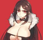  1girl breasts brown_hair cleavage ear_piercing fate/grand_order fate_(series) fur-trimmed_collar large_breasts long_hair looking_at_viewer melon22 piercing red_background red_eyes simple_background solo upper_body yu_mei-ren_(fate) 