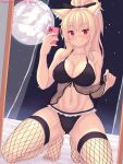  1girl animal_ears babydoll bangs black_thighhighs blush breasts cat_ears cat_girl cleavage closed_mouth fishnet_thighhighs fishnets full_moon highres kneeling lingerie moon navel night nottytiffy original ponytail red_eyes slit_pupils smile solo thighhighs thighs tiffy_(nottytiffy) underwear 