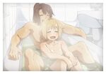  1boy 1girl :d bath bathing bathtub blonde_hair breasts brown_hair closed_eyes commander_(girls&#039;_frontline) commission girls&#039;_frontline happy highres long_hair mp40_(girls&#039;_frontline) nude open_mouth partially_submerged pixiv_request ponytail shared_bathing short_hair sink smile tile_wall tiles triangle_bullet water 