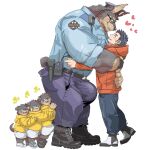  &lt;3 anthro belt big_bulge black_hair boots bottomwear brown_body brown_fur bulge canid canine canis chan_kiti_chan_(artist) clothing domestic_dog ear_piercing embrace eye_contact family father father_and_child father_and_son footwear fur german_shepherd group hair herding_dog hi_res holding_partner hug huge_bulge human human_on_anthro interspecies larger_anthro larger_male looking_at_another male male/male mammal pants parent parent_and_child pastoral_dog piercing police_hat police_officer police_uniform radio romantic romantic_couple size_difference smaller_human smaller_male son sweater topwear uniform 