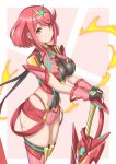  1girl absurdres aegis_sword_(xenoblade) bangs black_gloves breasts chest_jewel earrings fingerless_gloves gem gloves headpiece highres jewelry large_breasts pyra_(xenoblade) red_eyes red_hair red_shorts ryochan96154 short_hair short_shorts shorts solo swept_bangs sword thighhighs tiara weapon xenoblade_chronicles_(series) xenoblade_chronicles_2 