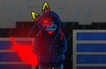  android anthro blue_body blue_clothing city clothing dark_sky drcustom e621 error_six esix felid female fire flaming_tail hoodie looking_at_viewer machine mammal mascot pupils raining red_nose red_sclera red_tail robot serious_face solo topwear yellow_ears yellow_pupils 