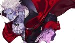  beard blue_skin cape colored_skin facial_hair gilzaren_iii gloves looking_at_viewer nijisanji pako_(pakosun) pointy_ears red_cape red_eyes white_background white_hair 