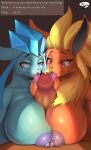  absurd_res anthro big_breasts big_penis blue_body blue_eyes bodily_fluids breast_play breast_squish breasts challenge cum eevee eeveelution ejaculation english_text erect_nipples female flareon fur generation_1_pokemon generation_4_pokemon genital_fluids genitals glaceon group hi_res huge_breasts hyper hyper_breasts ice ice_hair kyuq licking looking_at_genitalia looking_at_penis looking_pleasured male male/female neck_tuft nintendo nipples nipples_touching oral orange_body penile penis penis_lick penis_worship pink_nipples pink_tongue pokemon pokemon_(species) purple_nipples red_eyes sex simple_background smile squish text titfuck tongue tongue_out trio tuft video_games yellow_body yellow_fur 